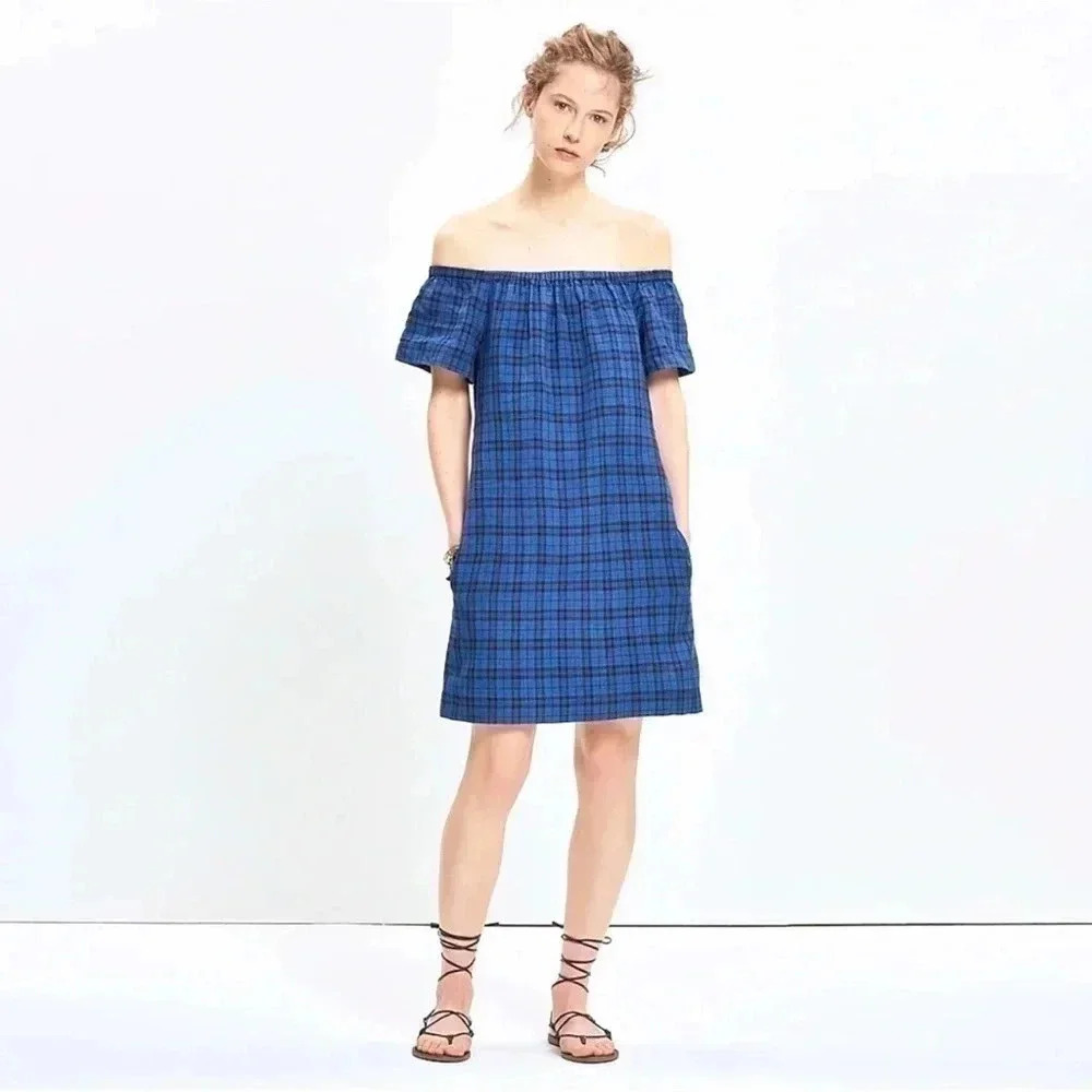 Madewell | Black & Blue Plaid Off The Shoulders Linen Dress Size 6 Small
